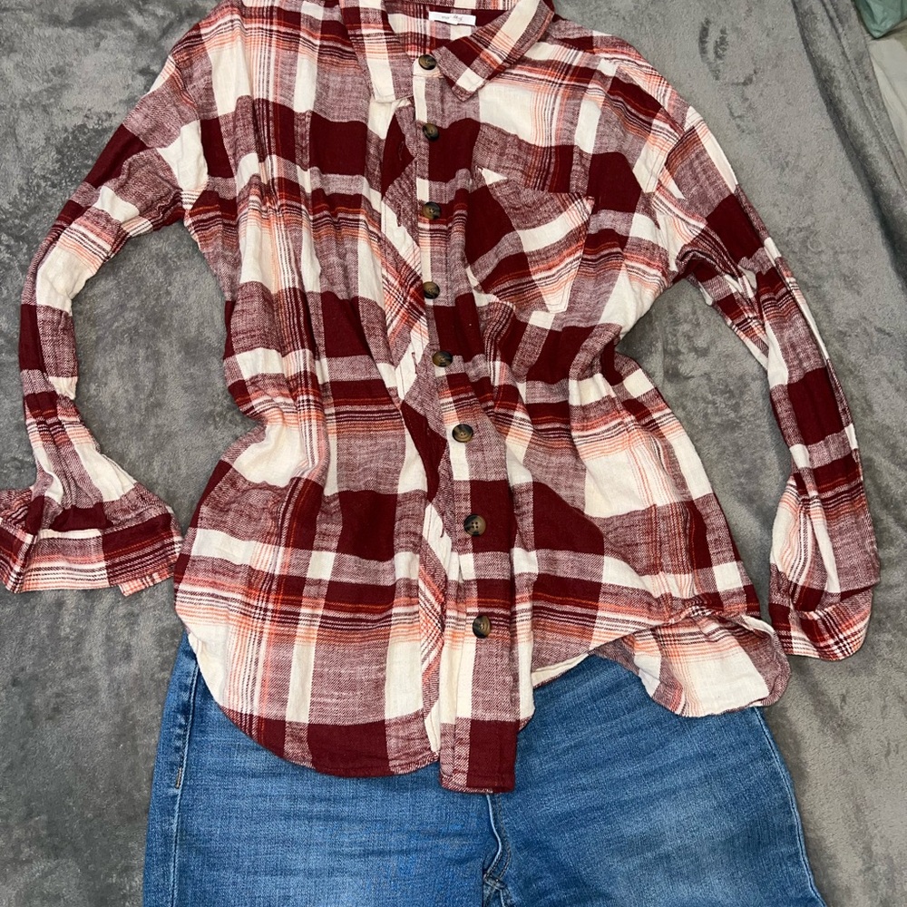 Maurices Burgundy and White Plaid Shirt